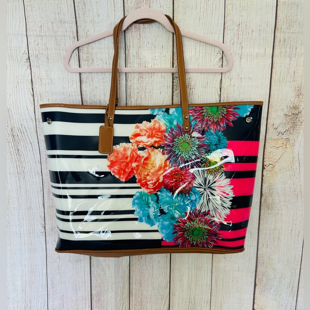 Nine West Women’s Colorful Floral Striped Glossy Oversized Tote